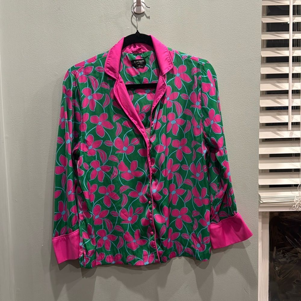 Kate Spade Floral Vines Satin Notch Collar Long PJ Top Size Small